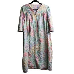 Appel Vintage Pastel Floral Watercolor Print Housecoat Button Front Robe Midi